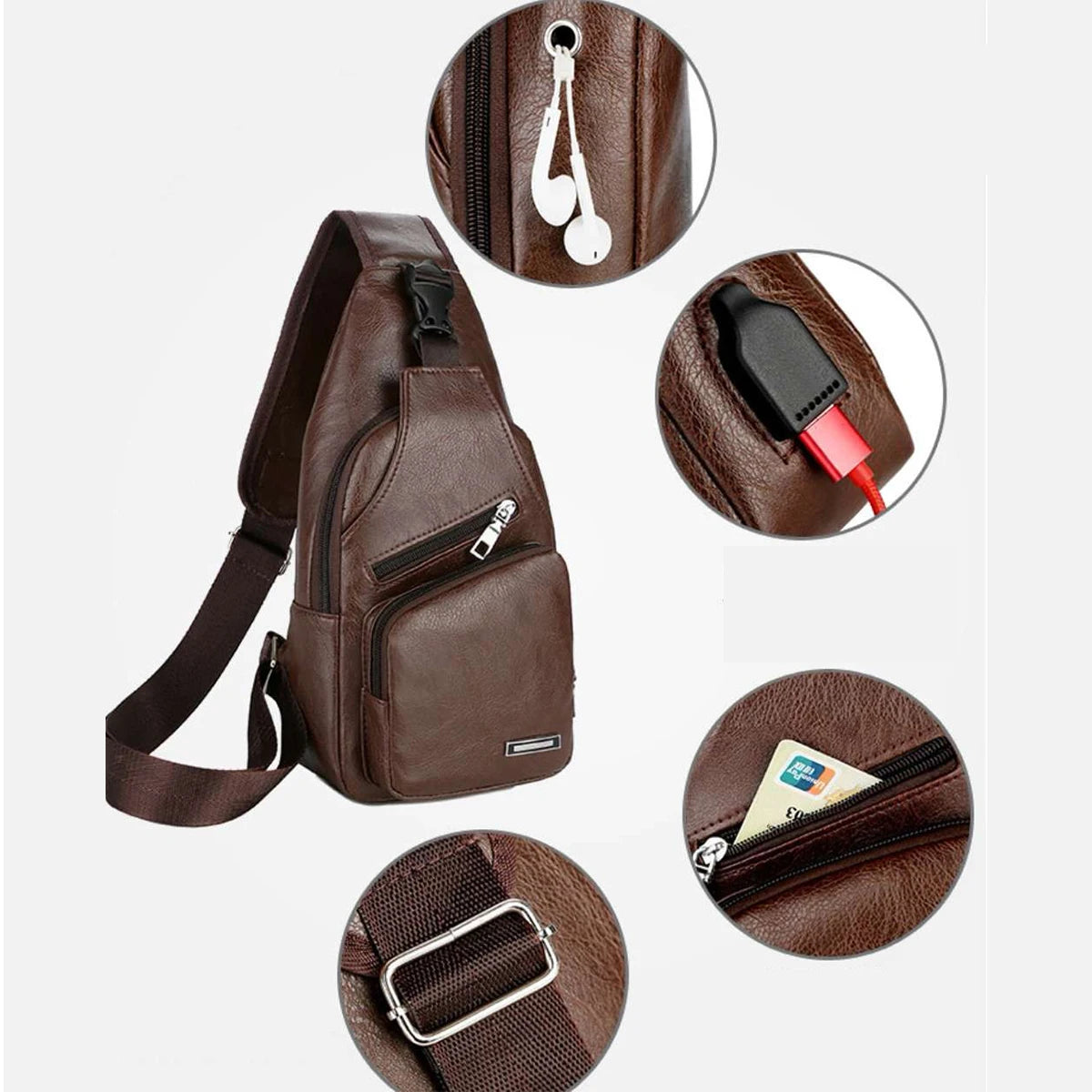 Men’s PU Leather Chest Bag – Casual Solid Color USB Charging Crossbody Bag