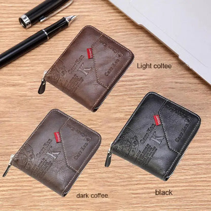 Men’s PU Leather Short Bifold Wallet – Zippered Coin & Card Purse