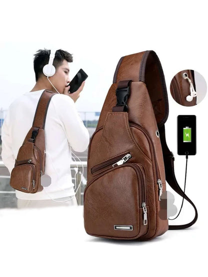 Men’s PU Leather Chest Bag – Casual Solid Color USB Charging Crossbody Bag