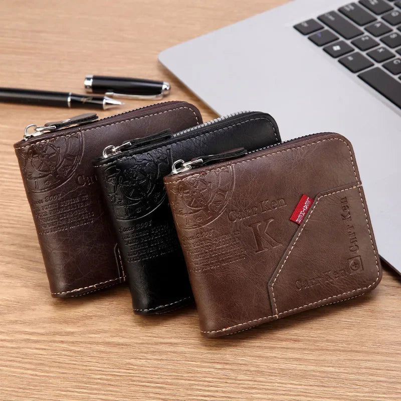 Men’s PU Leather Short Bifold Wallet – Zippered Coin & Card Purse