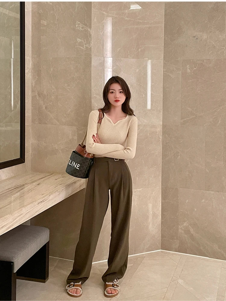 Slim V-Neck Ribbed Knit Sweater – Autumn/Winter