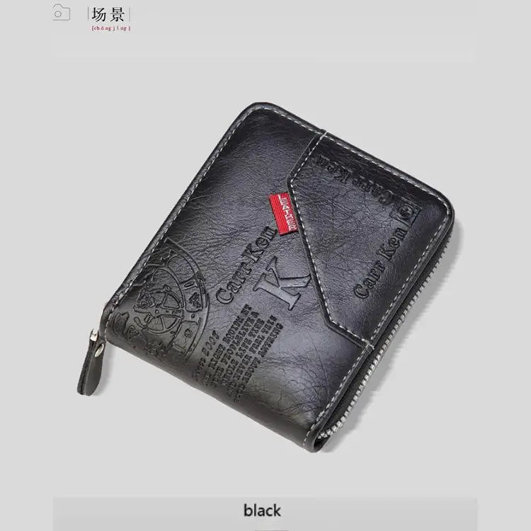 Men’s PU Leather Short Bifold Wallet – Zippered Coin & Card Purse