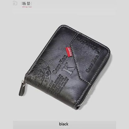 Men’s PU Leather Short Bifold Wallet – Zippered Coin & Card Purse