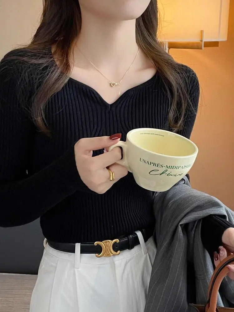 Slim V-Neck Ribbed Knit Sweater – Autumn/Winter