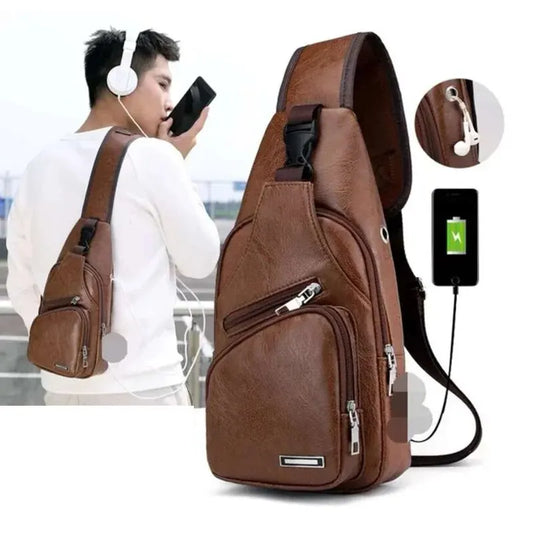 Men’s PU Leather Chest Bag – Casual Solid Color USB Charging Crossbody Bag