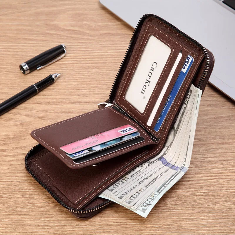 Men’s PU Leather Short Bifold Wallet – Zippered Coin & Card Purse